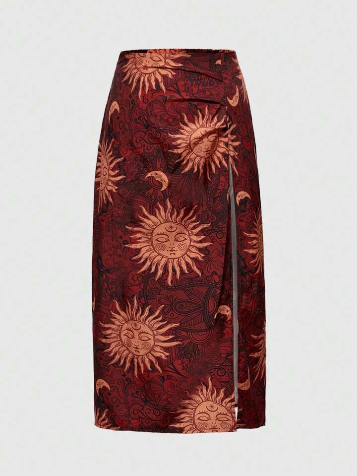 Hippie Plus Size Women Sun, Moon & Star Pattern Side Split Hem Casual Skirt