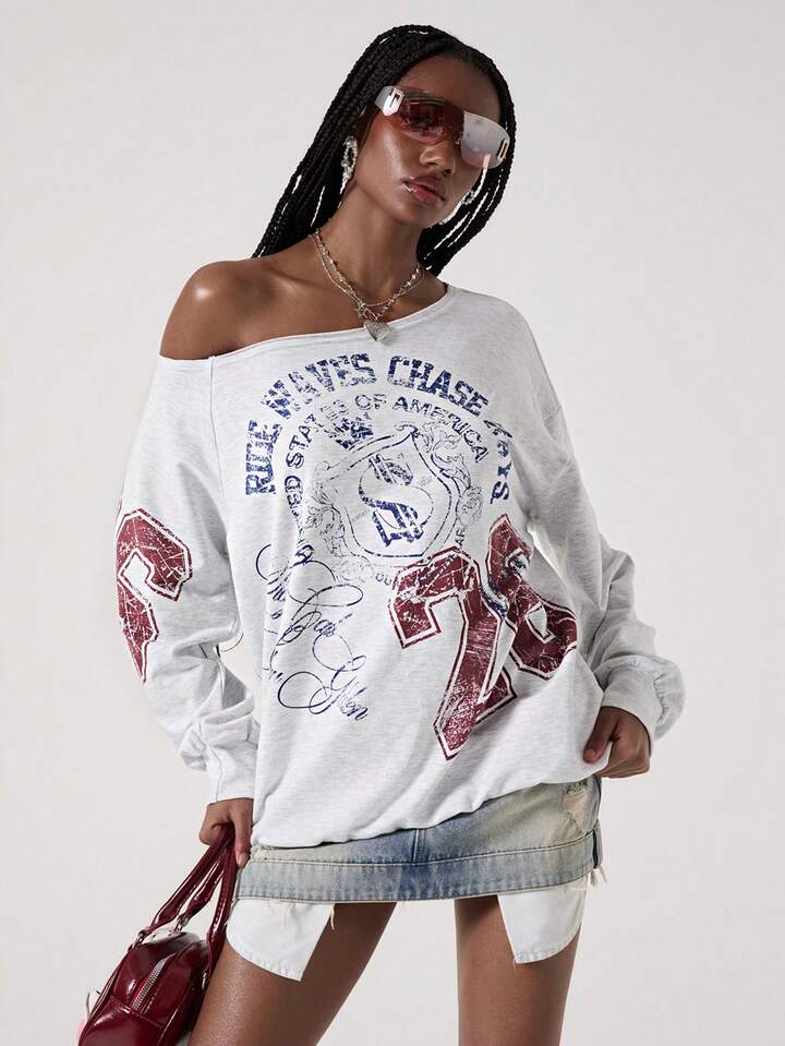 Street Life American Casual Street Style Letter Print Oblique Shoulder Grey Sweatshirt