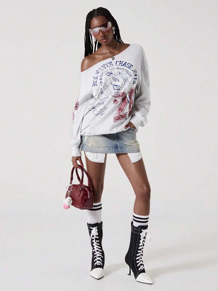 Street Life American Casual Street Style Letter Print Oblique Shoulder Grey Sweatshirt