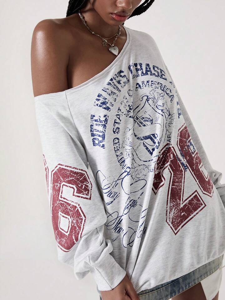 Street Life American Casual Street Style Letter Print Oblique Shoulder Grey Sweatshirt 4 Street Life American Casual Street Style Letter Print Oblique Shoulder Grey Sweatshirt