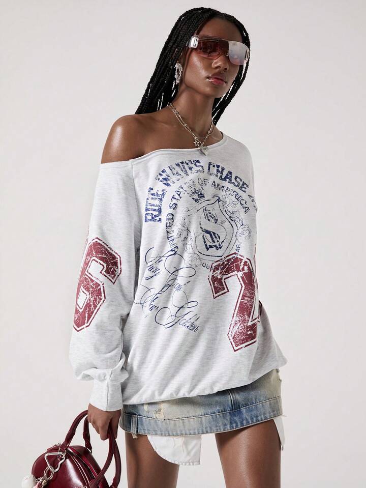 Street Life American Casual Street Style Letter Print Oblique Shoulder Grey Sweatshirt 5 Street Life American Casual Street Style Letter Print Oblique Shoulder Grey Sweatshirt