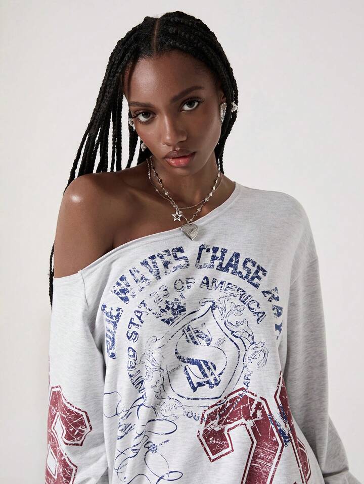Street Life American Casual Street Style Letter Print Oblique Shoulder Grey Sweatshirt 6 Street Life American Casual Street Style Letter Print Oblique Shoulder Grey Sweatshirt