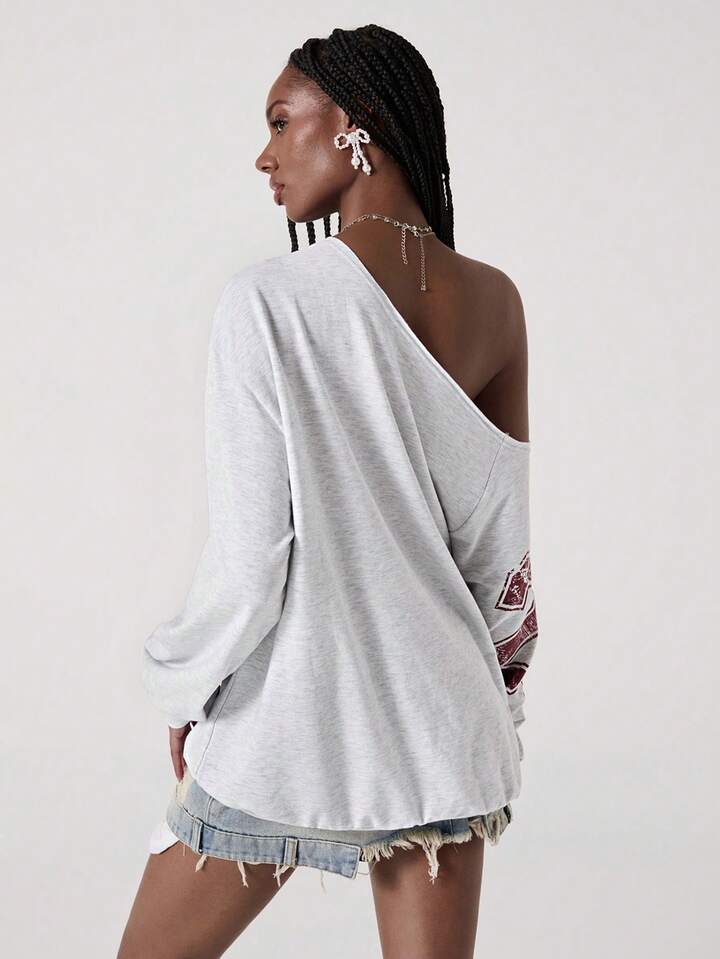 Street Life American Casual Street Style Letter Print Oblique Shoulder Grey Sweatshirt 8 Street Life American Casual Street Style Letter Print Oblique Shoulder Grey Sweatshirt
