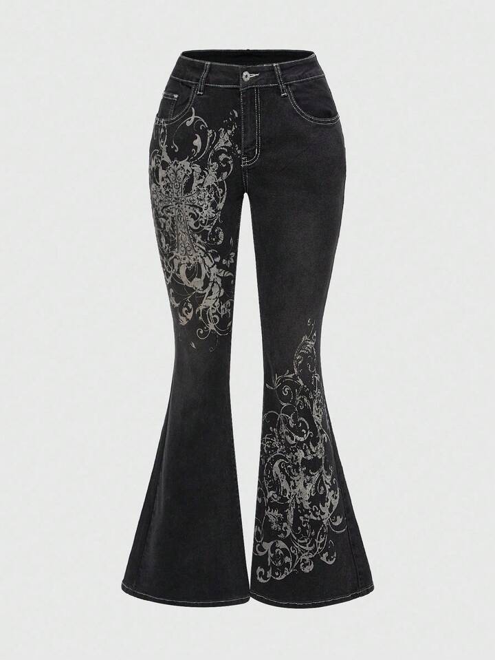 Grunge Punk Women's Retro Grunge Distressed Vintage Cross & Vine Print Sexy Bell Bottom Jeans