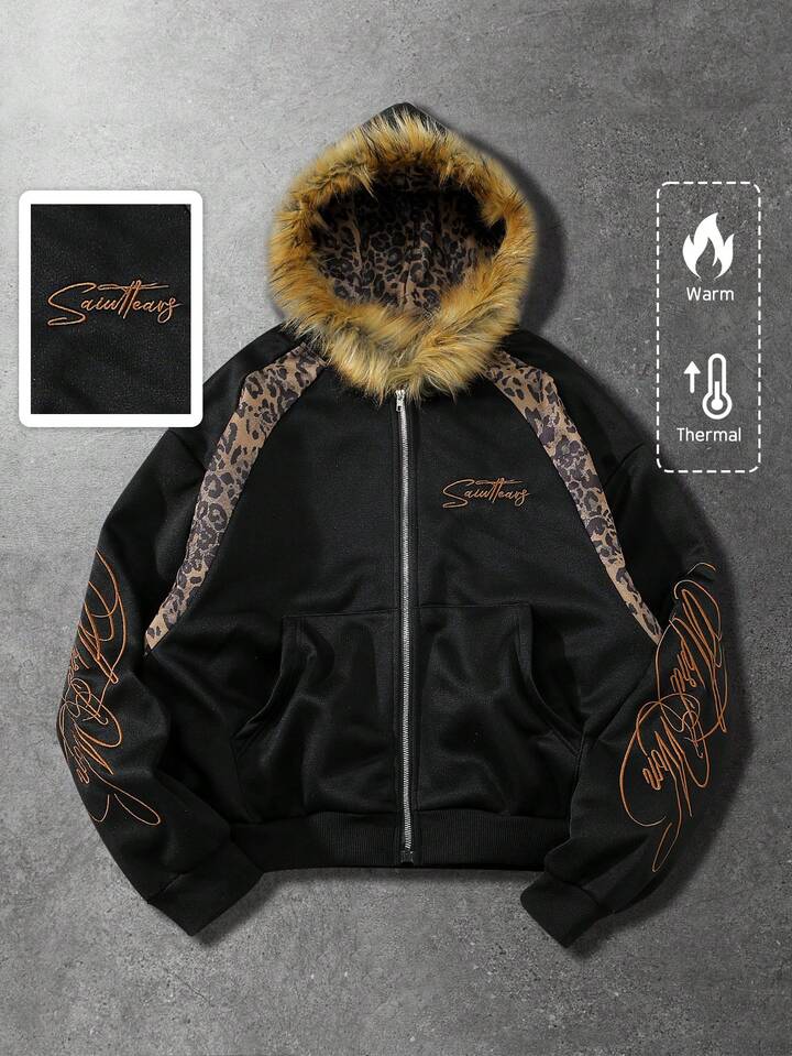 Men's Leopard Print Patchwork Hoodie Sweatshirt, Street Style American Casual Sweatshirt For Autumn/Winter