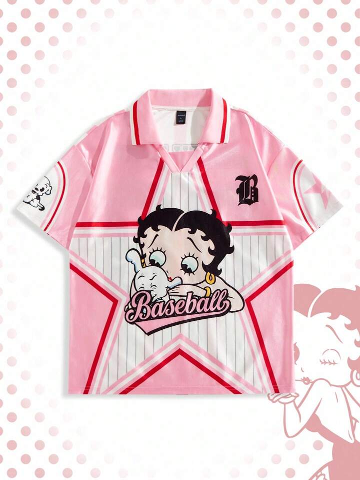 Betty Boop | ROMWE Men's Summer Pink Cartoon & Star Print Short Sleeve Polo Shirt, 2000s Style