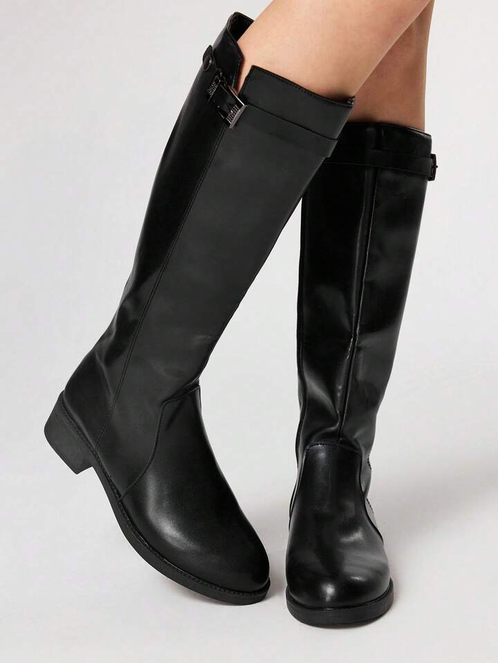 Women's Dark Rock Punk Goth Boots, Leather High-Top Pointed Toe Buckle Long Boots